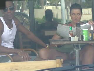 Cheating Wife &num;4 third part - Hubby films me outside a cafe Upskirt Flashing and having an Interracial affair with a Black Man&excl;&excl;&excl;