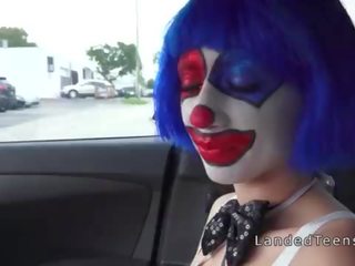 Clown teen sucking huge prick in the car