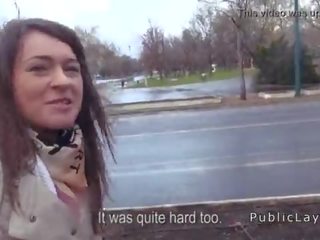 Hairy pussy Russian femme fatale fucks in the car in public