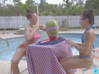 Camsoda teens with big ass and big tits open a watermelon explode with rubber ba