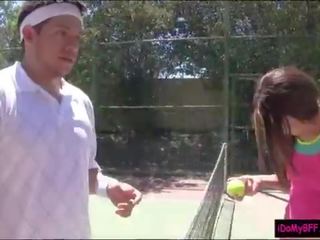 Two charming BFFs pounding with tennis coach