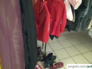 Charming amateur blows a cock and gets fucked at the clothing store